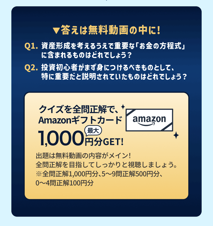 クイズ全問正解でAmazonギフトカード最大1,000円分 出題例